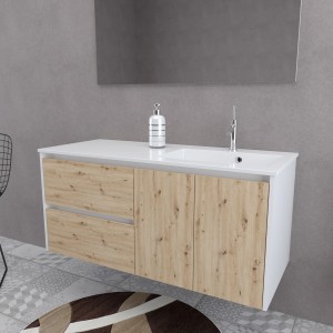 Set di mobili da bagno moderni con lavabo, mobile sottolavabo effetto legno e specchio.