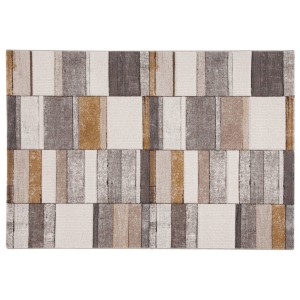 Tappeto moderno con motivo a strisce astratte nei toni del beige, grigio e marrone.