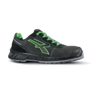 Scarpa da lavoro t.b.t. grigia con dettagli e lacci verdi.