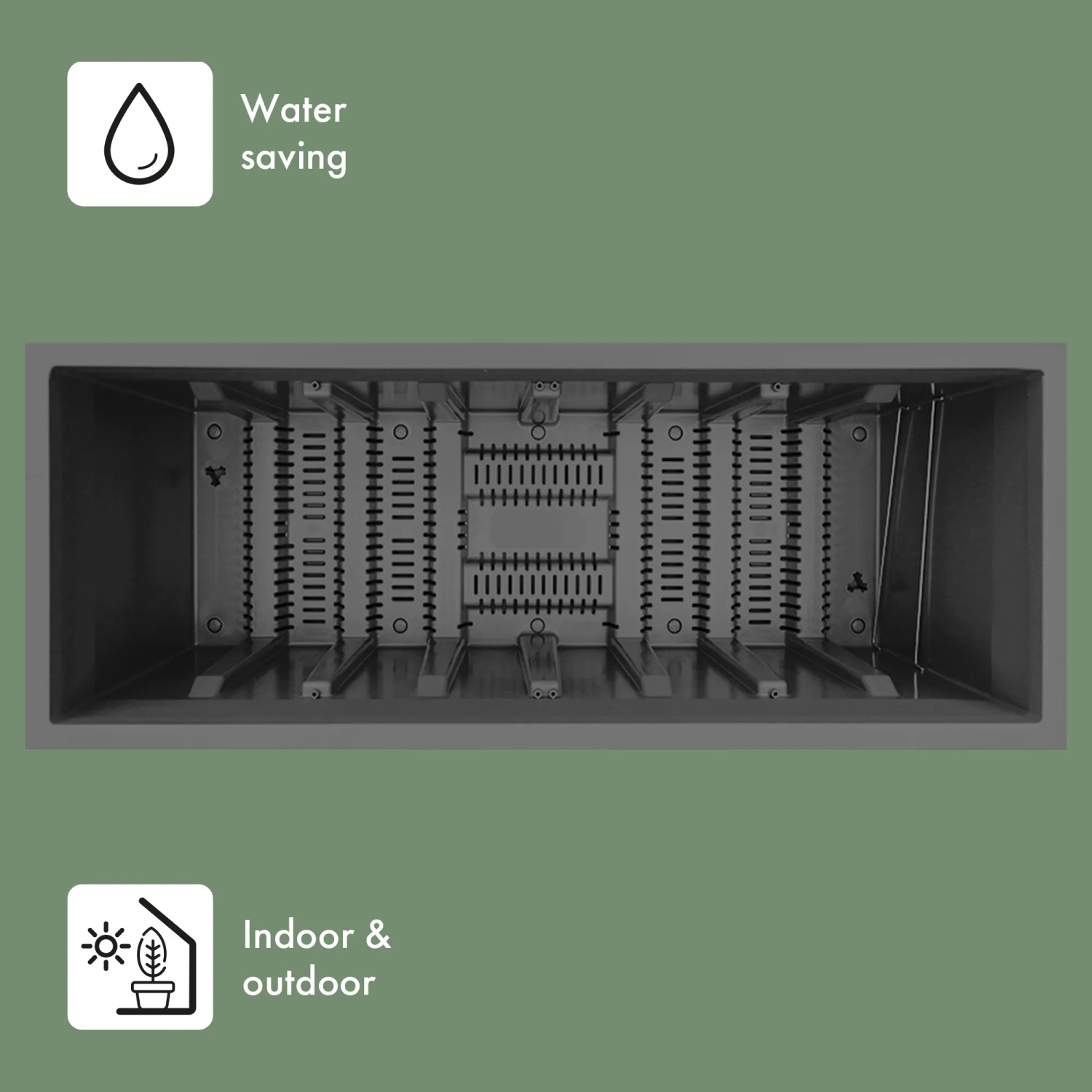 Vista interna del vaso per piante Deroma Millennium antracite (79x39x39 cm) con riserva d'acqua.