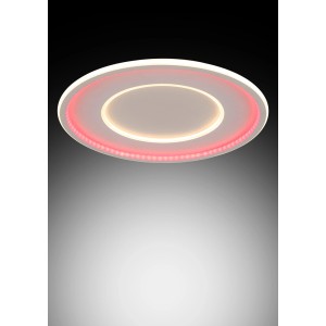Plafoniera LED moderna con design ad anello e illuminazione d'accento rossa.