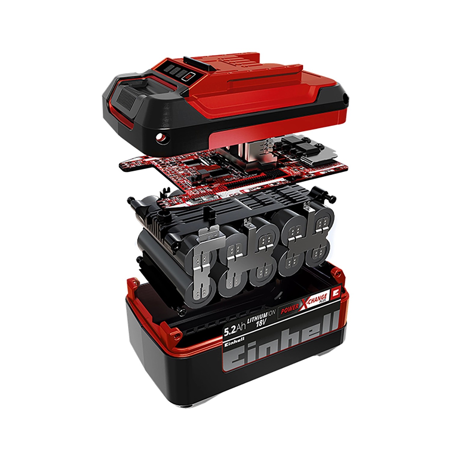 Batteria Einhell Power X-Change 18V 4Ah, vista aperta. Dettagli delle celle e dell'elettronica visibili.