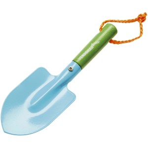 Pala da bambino chiara con lama blu e manico verde per il giardino.