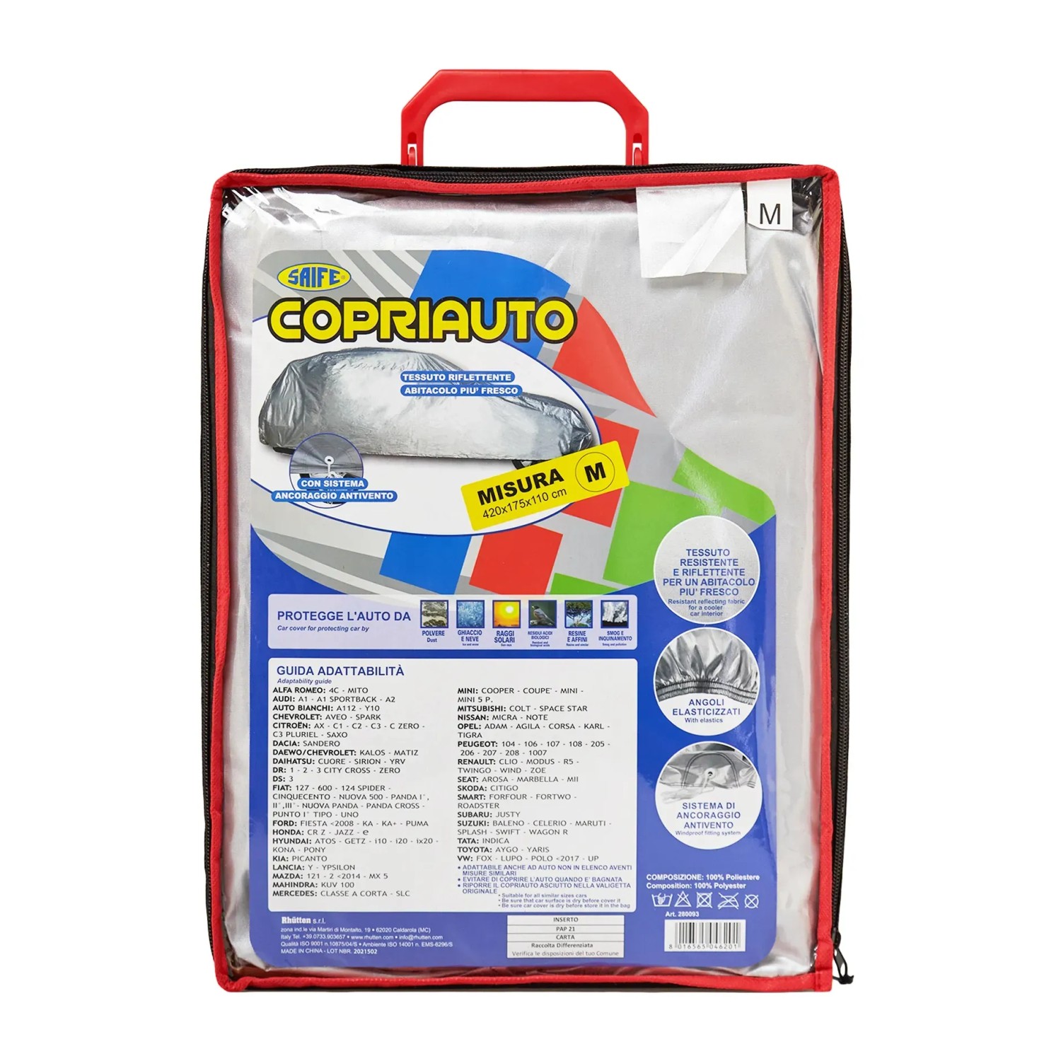 Copriauto t.b.t., taglia M, per protezione antigelo e intemperie.