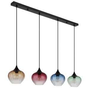 Lampada a sospensione t.b.t. multicolore con quattro paralumi in vetro.
