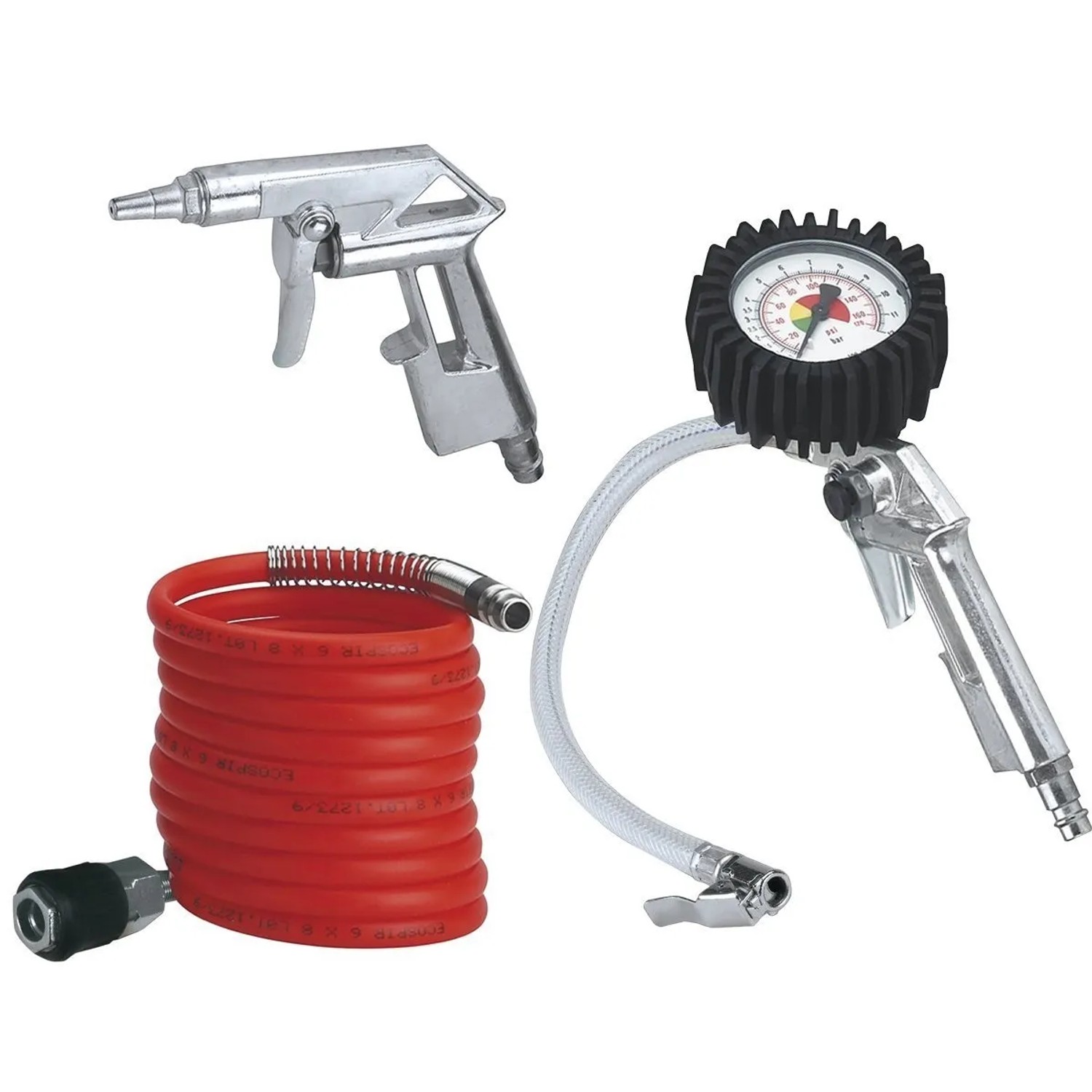 Set utensili pneumatici Einhell, 3 pezzi: pistola ad aria compressa, manometro per pneumatici e tubo a spirale.
