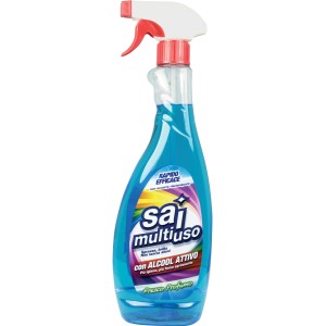 Flacone spray con detergente multiuso blu.