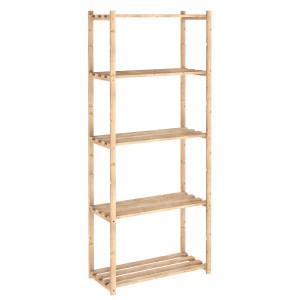Scaffale in legno con 5 ripiani per stoccaggio e organizzazione.