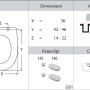 Disegno tecnico del sedile WC t.b.t. con dimensioni, fissaggio e accessori.