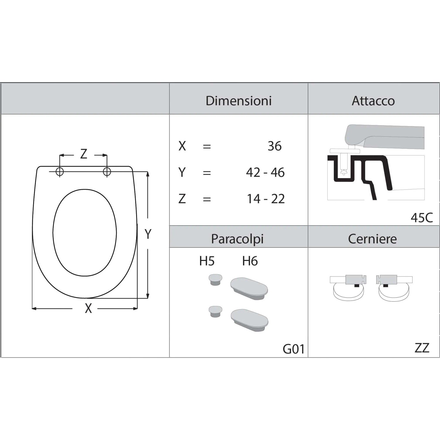 Disegno tecnico del sedile WC t.b.t. con dimensioni, fissaggio e accessori.