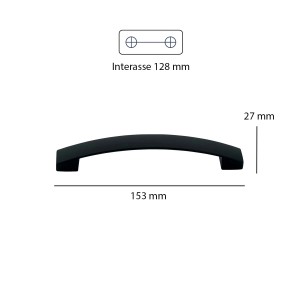 Maniglia per mobili nera ad arco con dimensioni di montaggio.