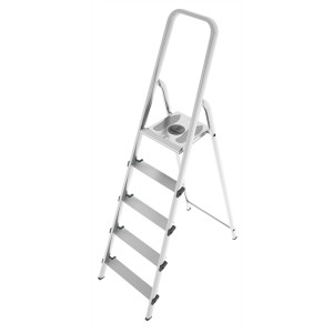 Scala domestica argentata con 5 gradini e maniglione. Ideale per lavori interni.