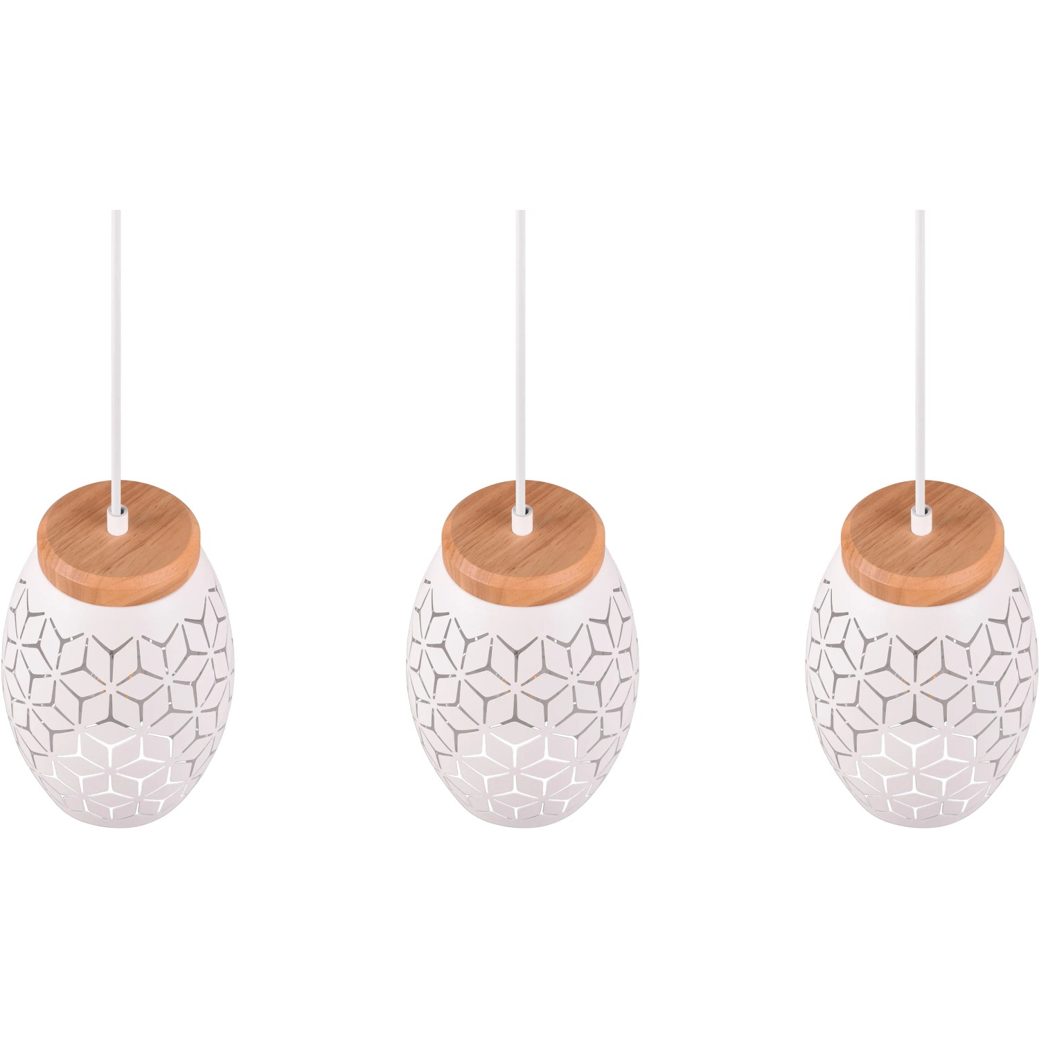 Lampada a sospensione Reality Bidar, 3 luci, bianco opaco con legno, lampada a sospensione per soggiorno.