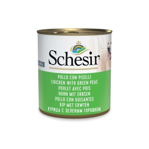 Lattina di cibo umido per cani Schesir con pollo e piselli.