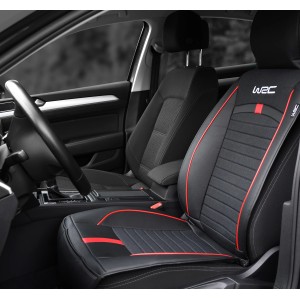 Coprisedile auto nero con dettagli rossi e logo WRC per interni auto.