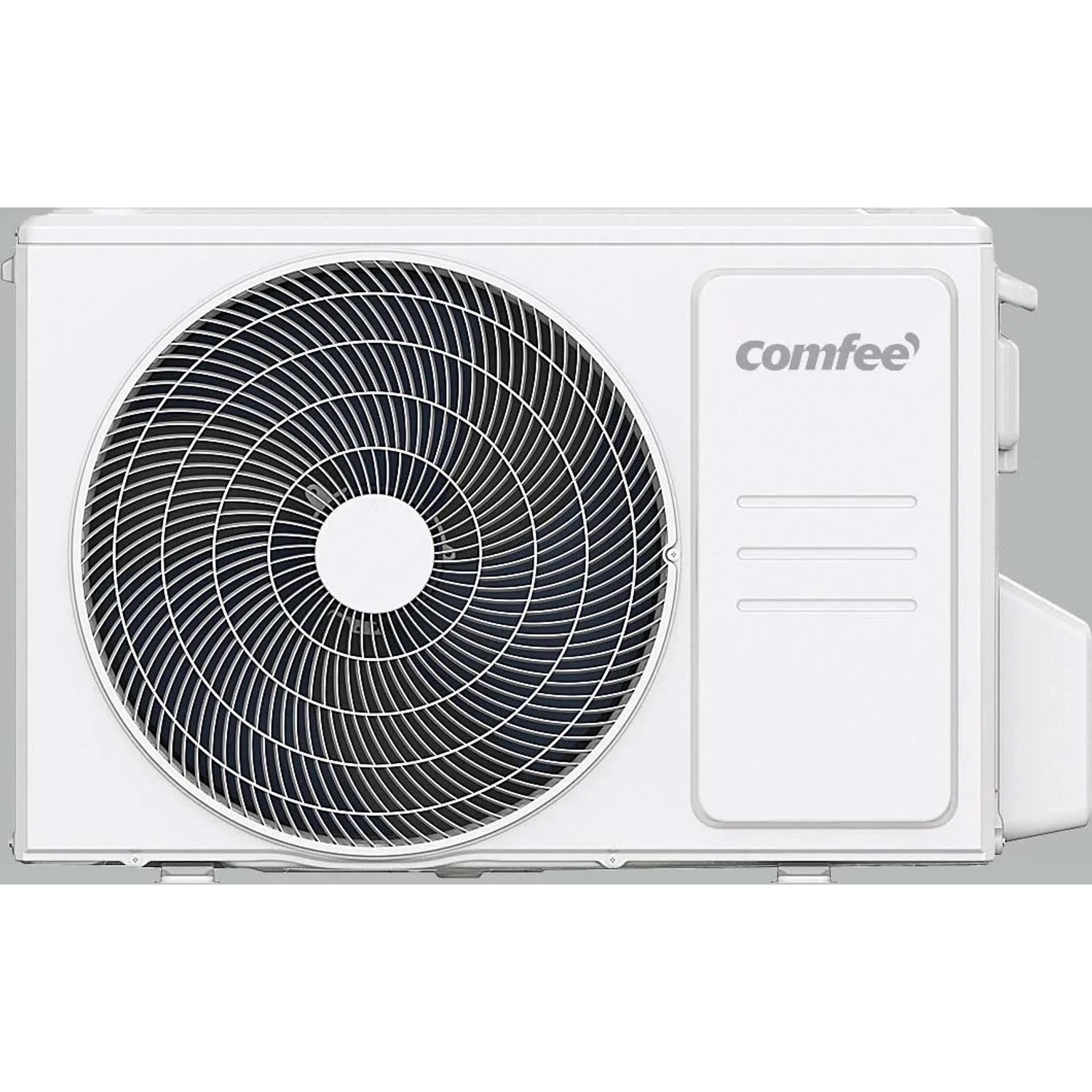 Unità esterna del condizionatore Comfee, rivestimento bianco con griglia della ventola.