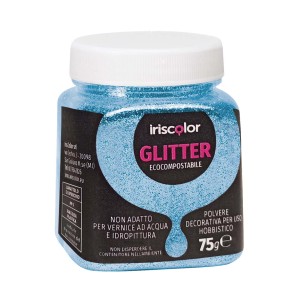 Glitter in polvere azzurro di t.b.t. in contenitore trasparente.
