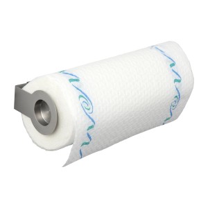 Porta rotolo da cucina Wenko Cerri in acciaio inox con rotolo di carta sulla parete.