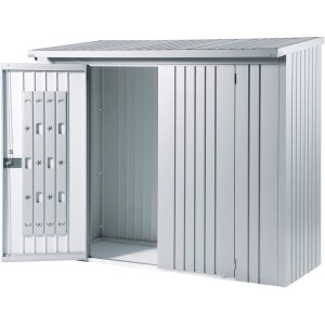 Pacchetto porta Biohort per WoodStock 150, grigio scuro metallizzato, con porta aperta e sistema di stoccaggio.