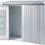 Pacchetto porta Biohort per WoodStock 150, grigio scuro metallizzato, con porta aperta e sistema di stoccaggio.