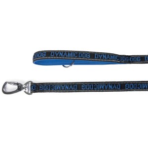 Guinzaglio nero per cani con fodera blu e moschettone.