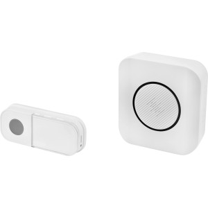 Campanello wireless con pulsante, portata 200 m, design bianco.