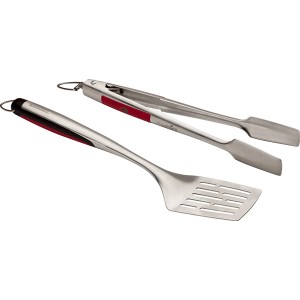 Set 2 pz. utensili Char-Broil: spatola e pinza in acciaio inox con dettagli rossi.