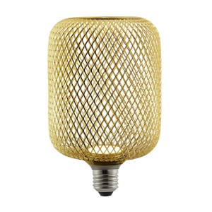 Lampadina LED E27 dorata con rete metallica decorativa.