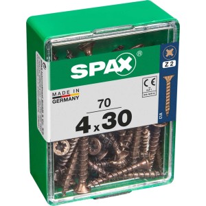 Viti per legno SPAX 4x30 mm in contenitore di plastica verde.