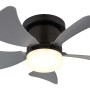 Ventilatore da soffitto con lampada, cinque pale grigie, corpo nero.