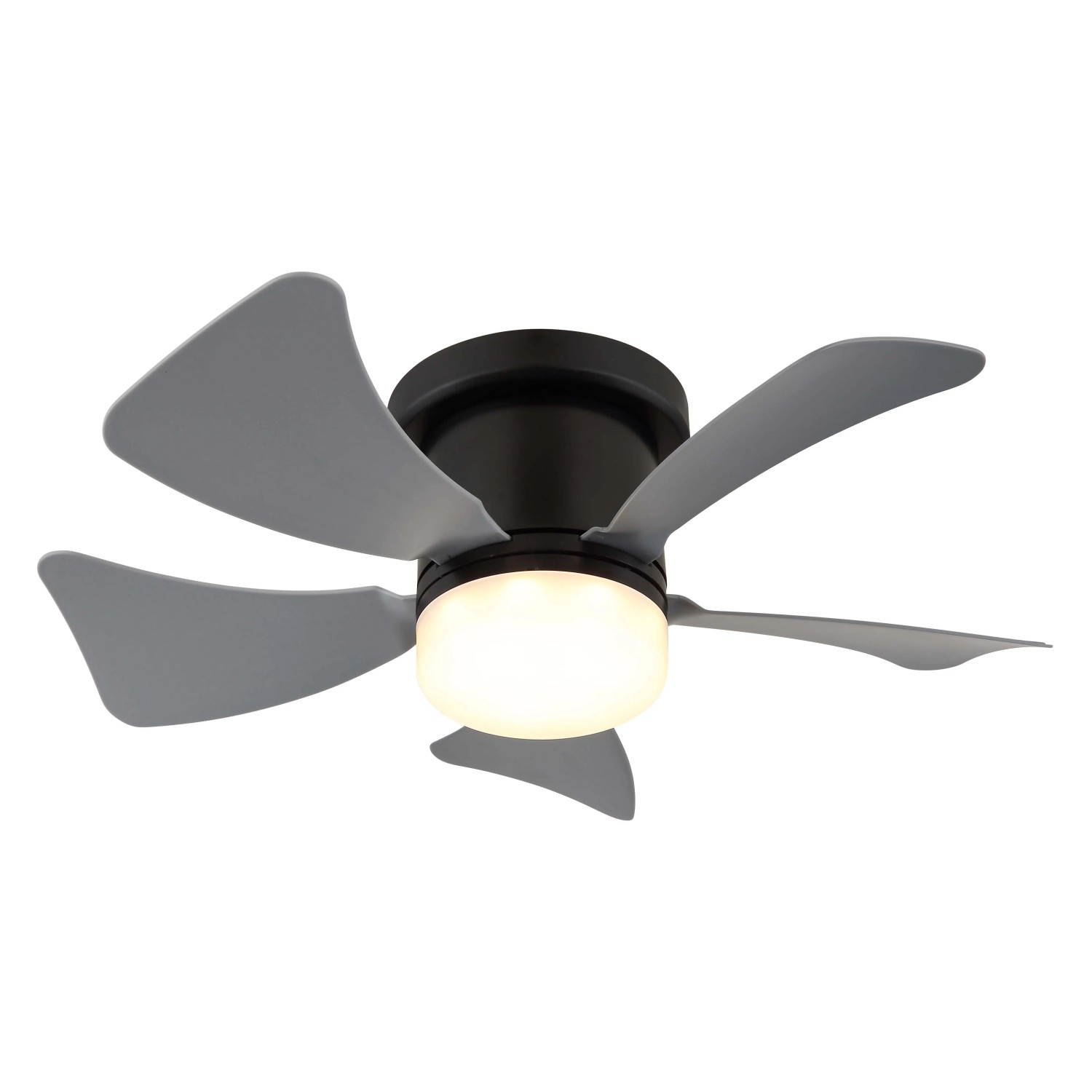 Ventilatore da soffitto con lampada, cinque pale grigie, corpo nero.