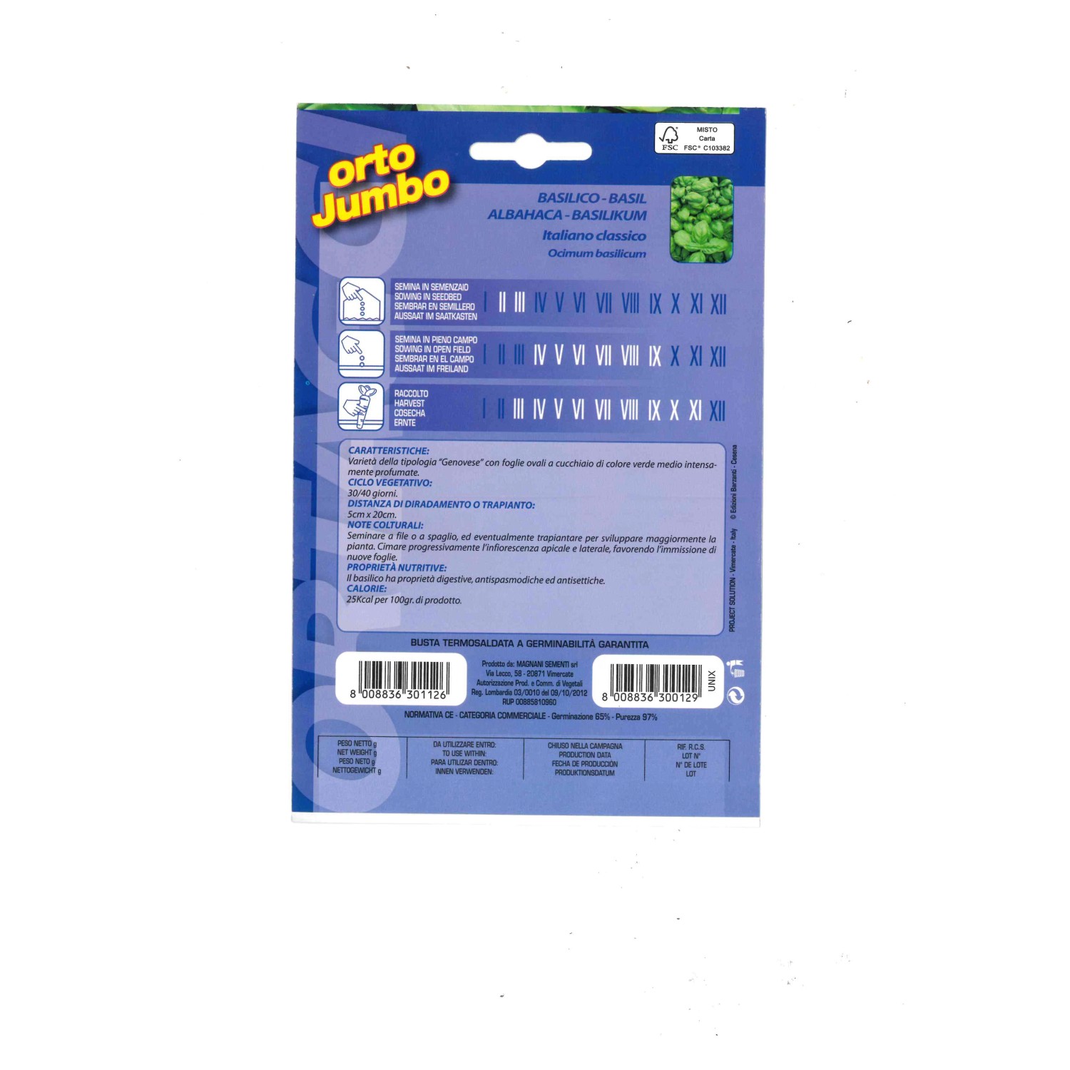 Bustina di semi di basilico 'Italiano Classico' Orto Jumbo con istruzioni per la coltivazione.
