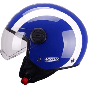 Casco blu t.b.t. con striscia bianca e visiera per accessori auto.