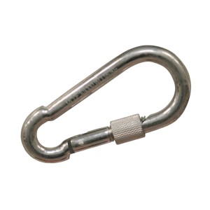 Moschettone argentato con blocco a vite per maggiore sicurezza.