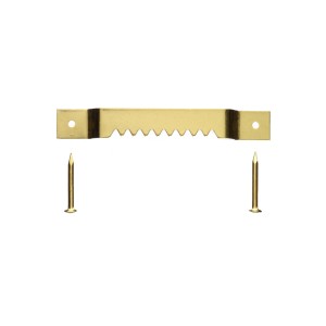 Gancio a dente di sega color oro con due chiodi per cornici.