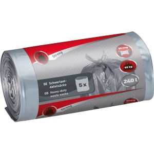 Rotolo di sacchi per rifiuti pesanti, 240 litri, 5 pezzi, extra resistenti allo strappo per rifiuti pesanti.