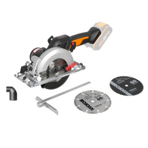 Sega circolare a batteria Worx WX531.9 20V con accessori come lame e guida parallela.