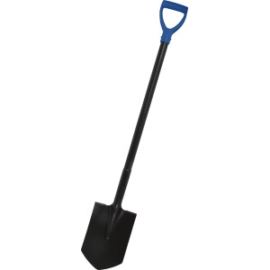 Vanga in acciaio nero con manico blu per giardinaggio.