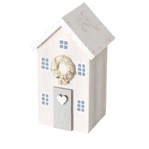 Decorazione natalizia a casetta in legno bianca con ghirlanda e cuore