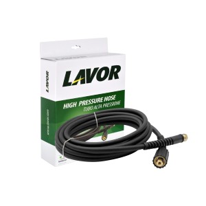 Tubo flessibile nero ad alta pressione per idropulitrici Lavor, arrotolato davanti alla confezione del prodotto.