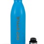 Borraccia blu t.b.t. per campeggio e outdoor con coperchio aperto.