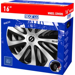 Copricerchi Sparco, 16 pollici, set da 4, argento/nero, per esterni auto.