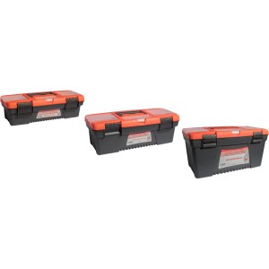 Tre valigette porta attrezzi t.b.t., nere con coperchio arancione.
