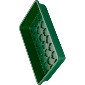 Vassoio di semina universale verde (38x24x6 cm) in plastica con incavi per pastiglie di torba.