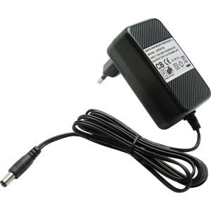 Alimentatore nero per accessori domotici con cavo e spina.