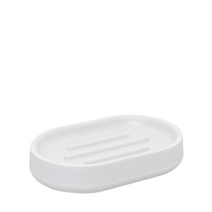 Portasapone bianco ovale con scanalature per bagno o cucina.