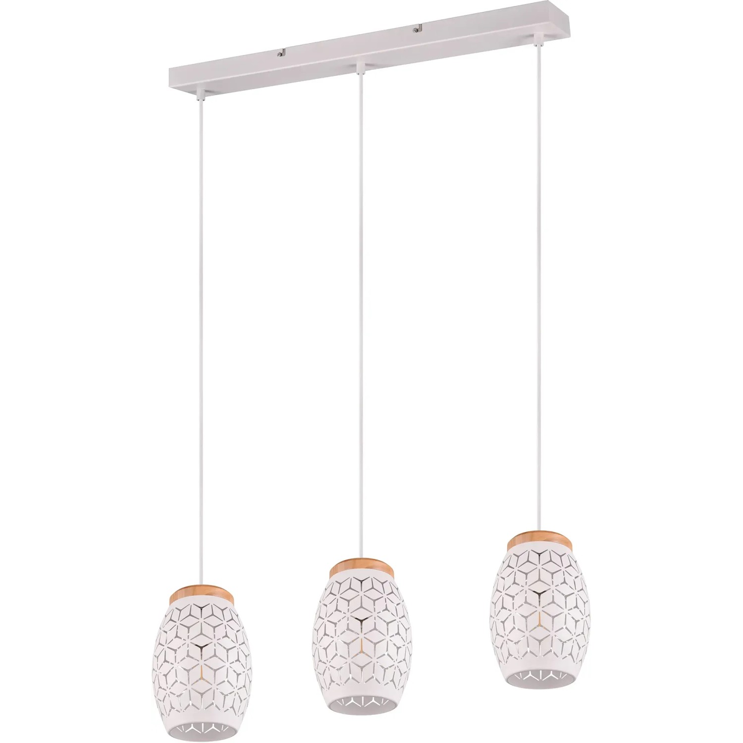 Lampada a sospensione Reality Bidar, 3 luci, bianco opaco con legno, lampada a sospensione per soggiorno.