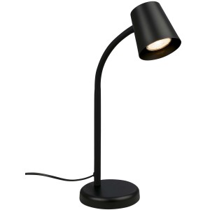 Lampada da scrivania nera con braccio flessibile e base rotonda.