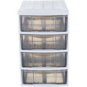 Cassettiera bianca t.b.t. con quattro cassetti trasparenti.