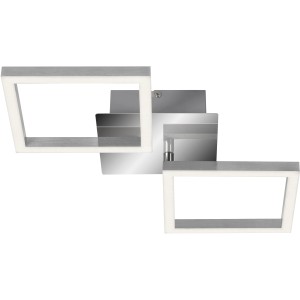 Plafoniera LED moderna con due elementi luminosi quadrati.